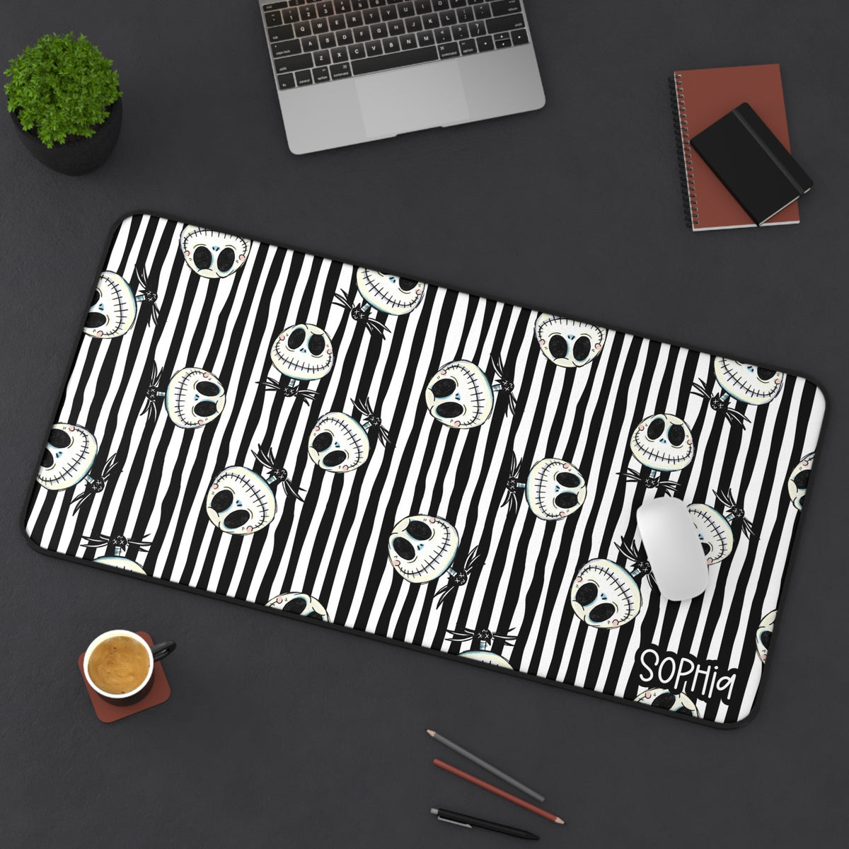 Gothic Striped Halloween Desk Mat | Black & White Skeleton Desk Pad | Personalized Spooky Desk Decor