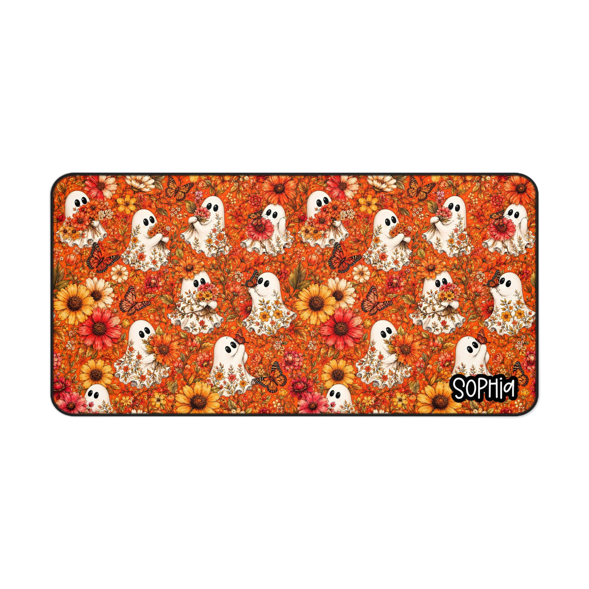 Floral Ghost Fall Desk Mat | Cute Autumn Flowers & Ghosts Desk Pad | Personalized Fall Desk Decor