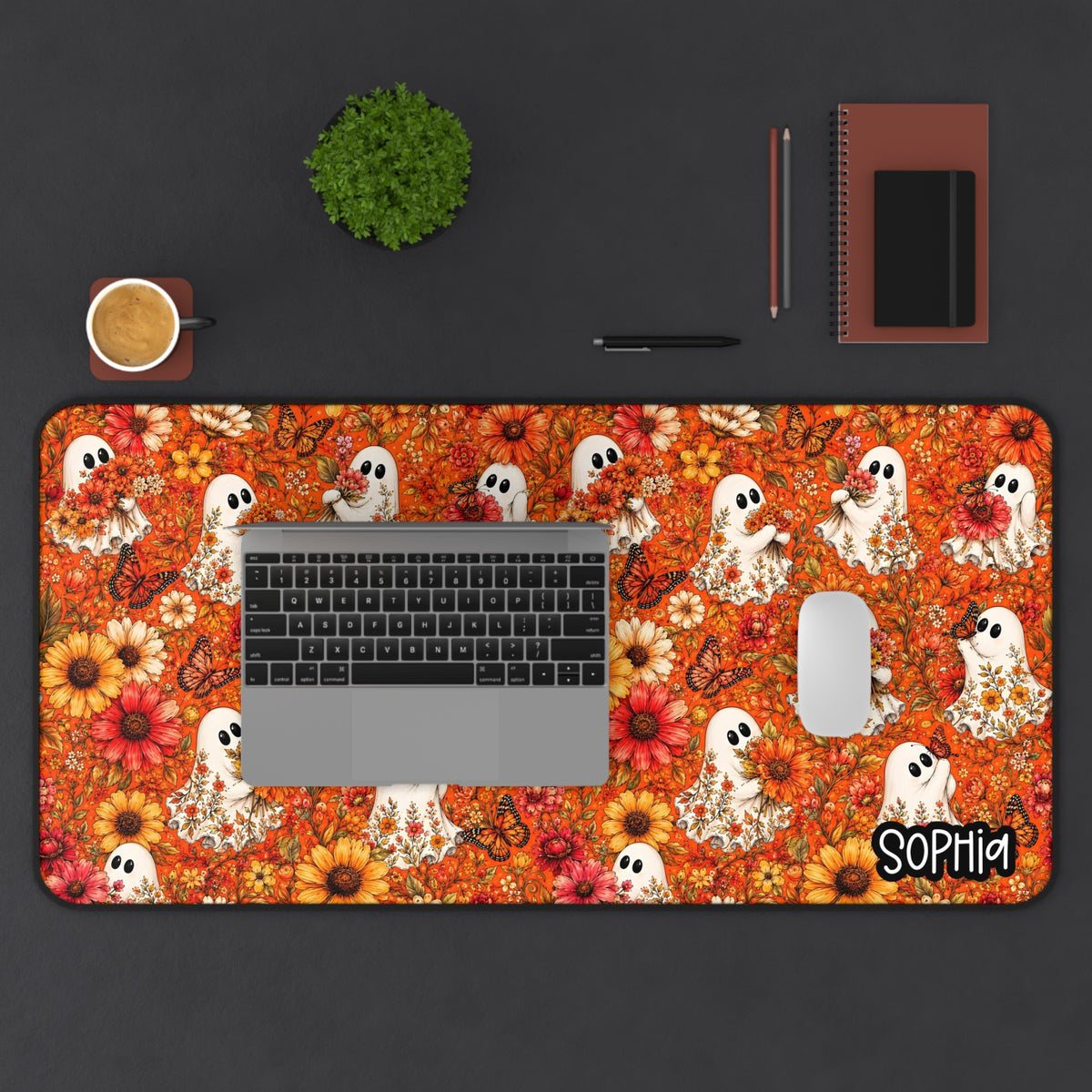 Floral Ghost Fall Desk Mat | Cute Autumn Flowers & Ghosts Desk Pad | Personalized Fall Desk Decor