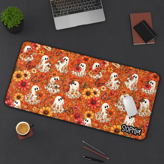 Floral Ghost Fall Desk Mat | Cute Autumn Flowers & Ghosts Desk Pad | Personalized Fall Desk Decor