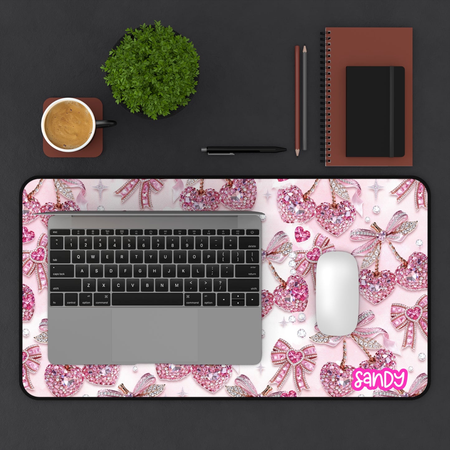 Pink Glitter Bow Cherry Desk Mat | Personalized Valentine Mouse Pad | Cute Valentine Desk Mat