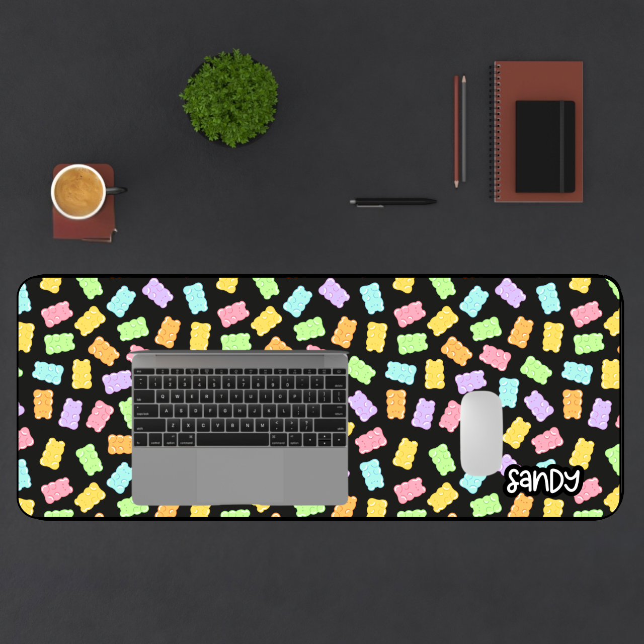Gummy Bear Pattern Desk Mat (black) | Colorful Candy Mouse Pad for Cute Gaming & Office Desks | Valentine Desk Mat