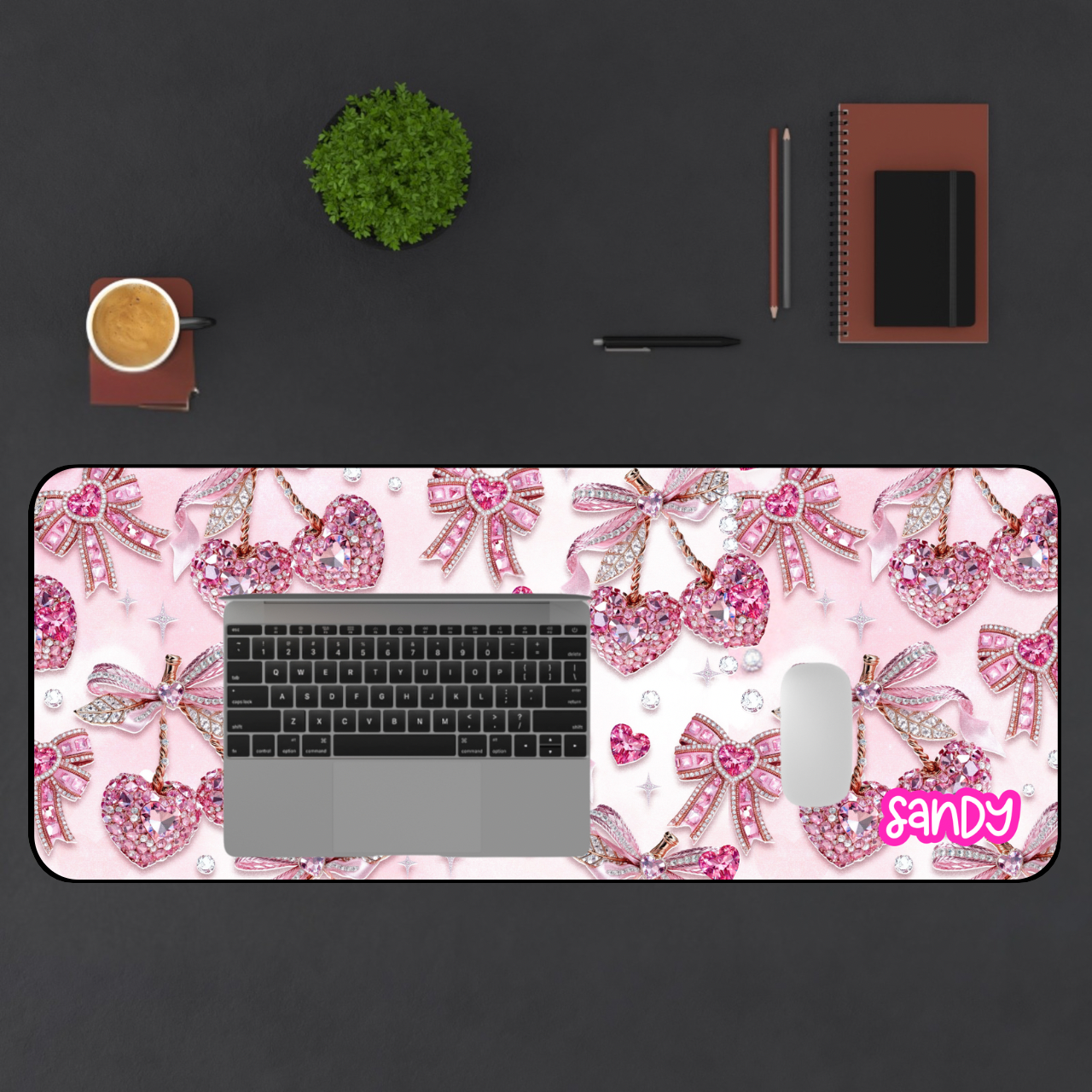 Pink Glitter Bow Cherry Desk Mat | Personalized Valentine Mouse Pad | Cute Valentine Desk Mat