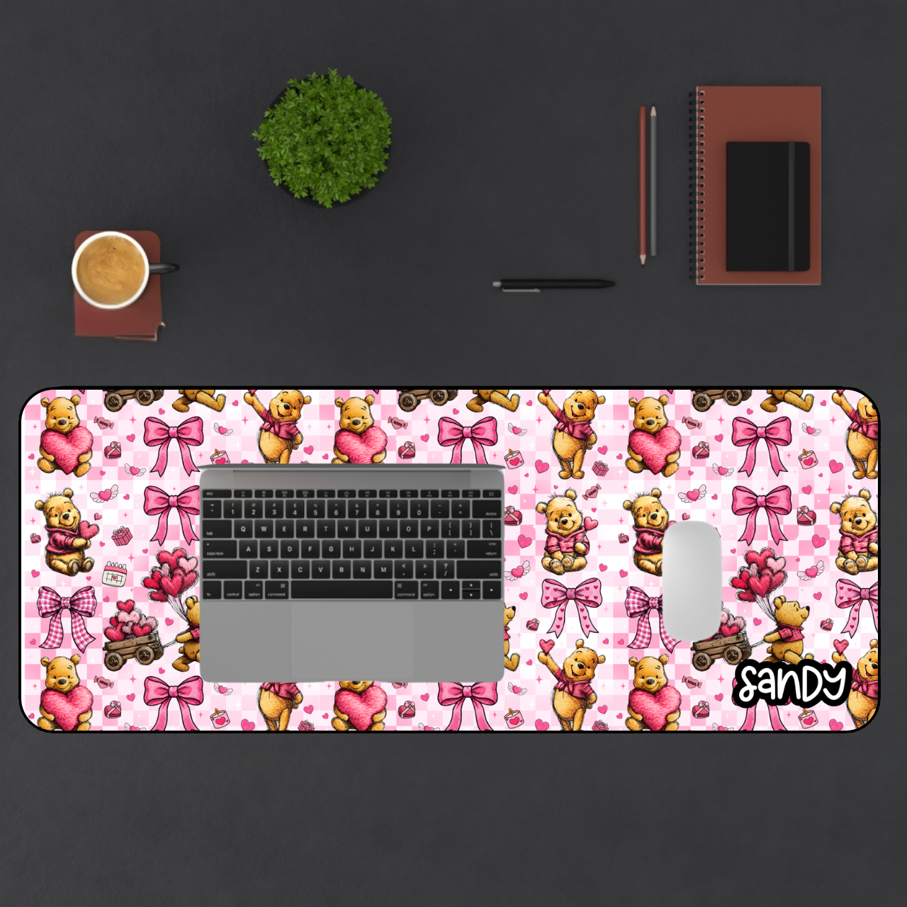Cute Winnie the Pooh Bear Valentine Pink Desk Mat — Personalized Gaming/Office Mousepad