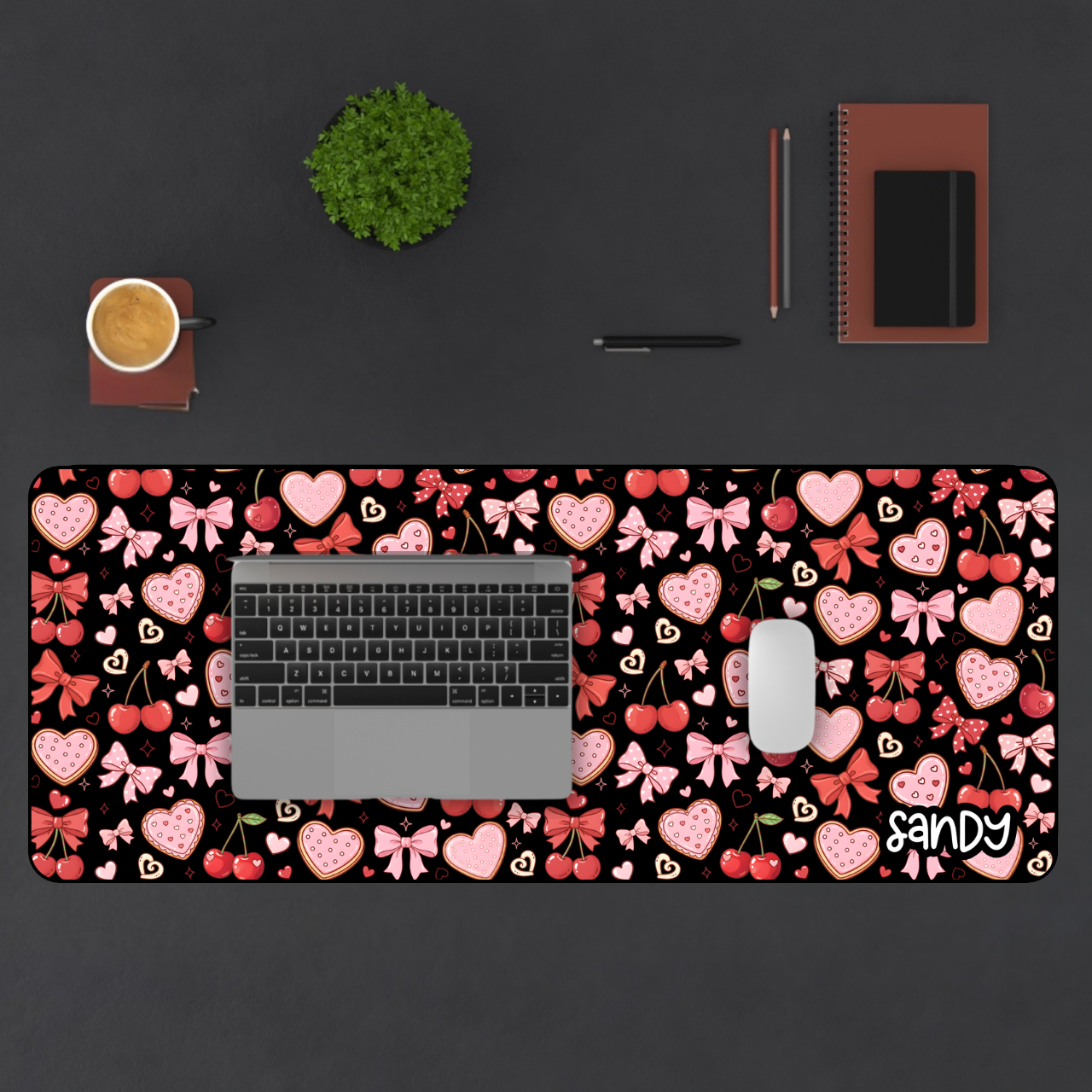 Valentine Hearts Desk Mat (black) — Pink & Red Heart Pattern Mouse Pad