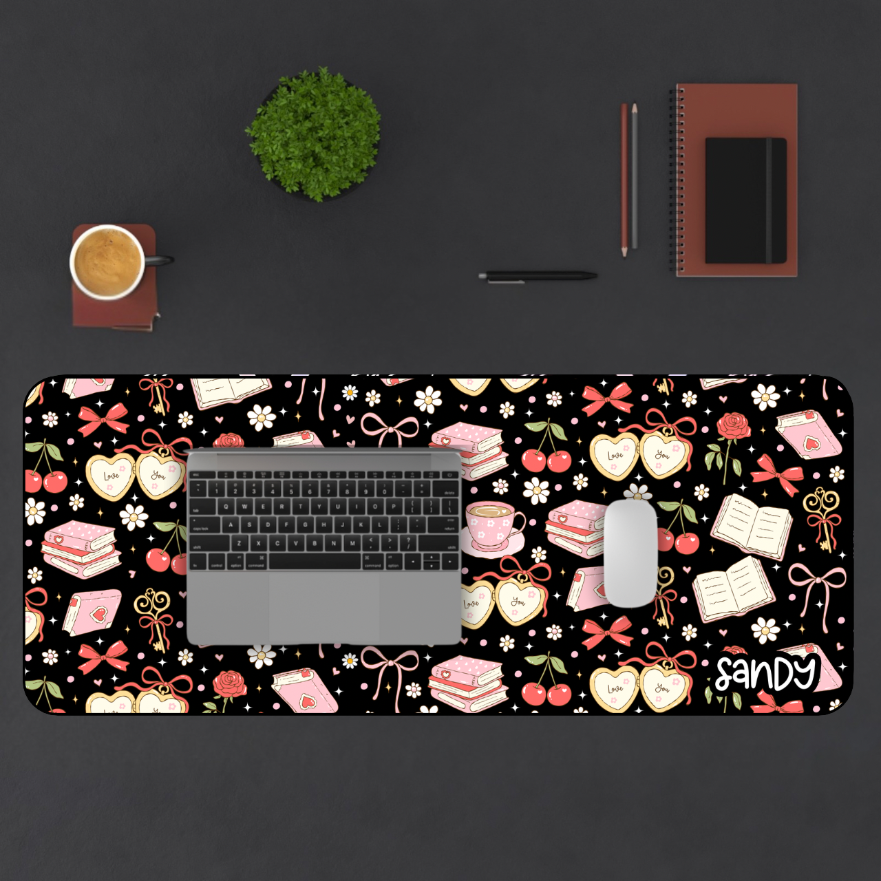 Bookish Cherry Desk Mat (black) — Pink Hearts, Tea & Reading Pattern Mouse Pad