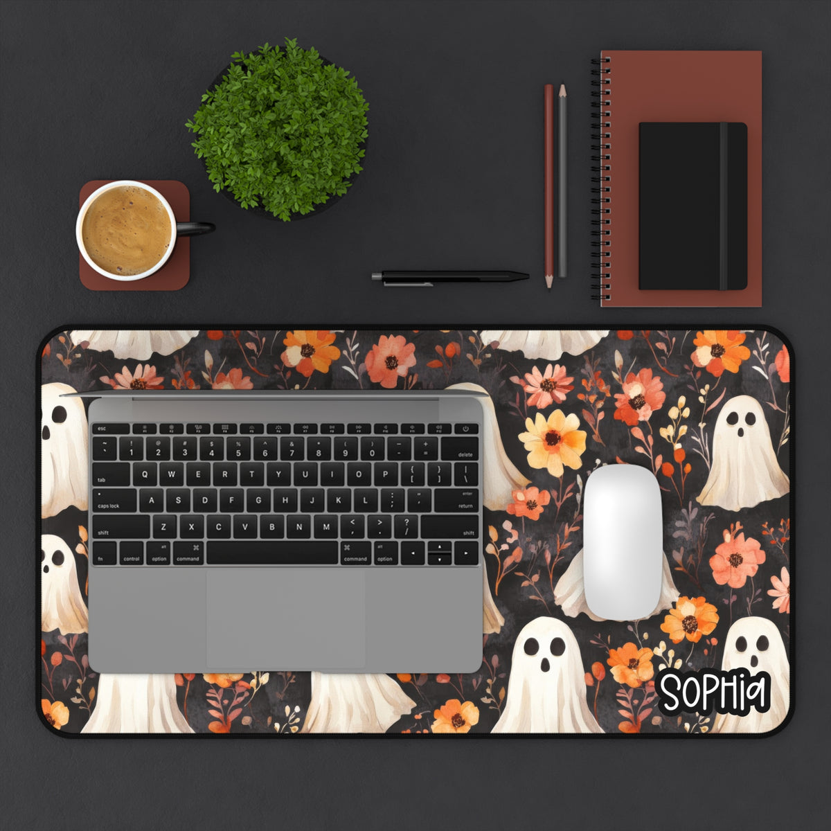 Fall Floral Ghost Desk Mat | Cute Autumn Ghost Personalized Desk Pad | Cozy Spooky Desk Decor