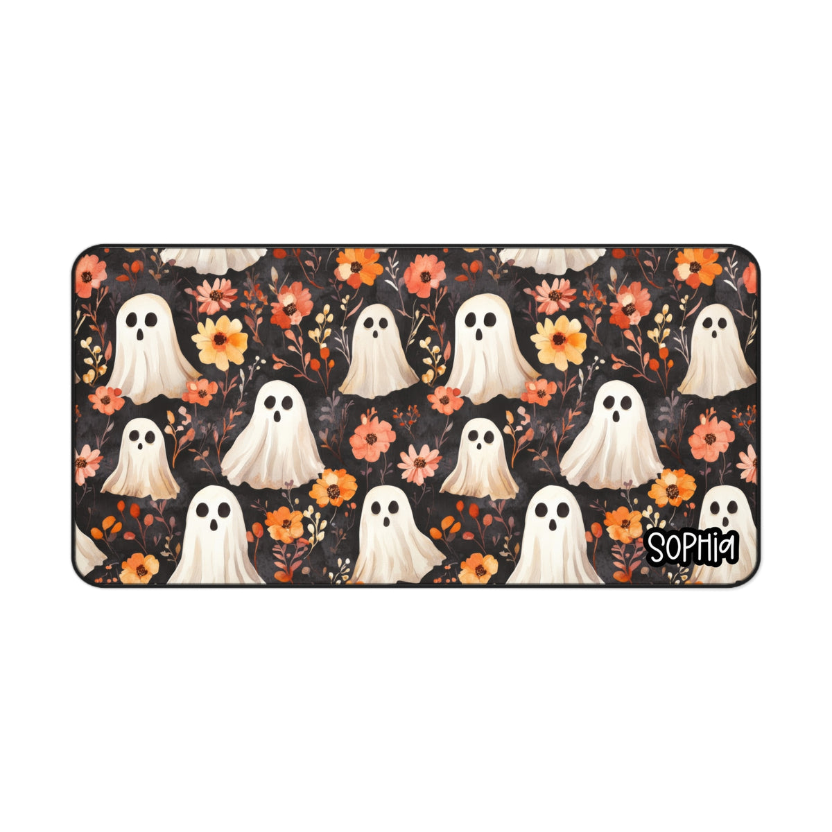 Fall Floral Ghost Desk Mat | Cute Autumn Ghost Personalized Desk Pad | Cozy Spooky Desk Decor