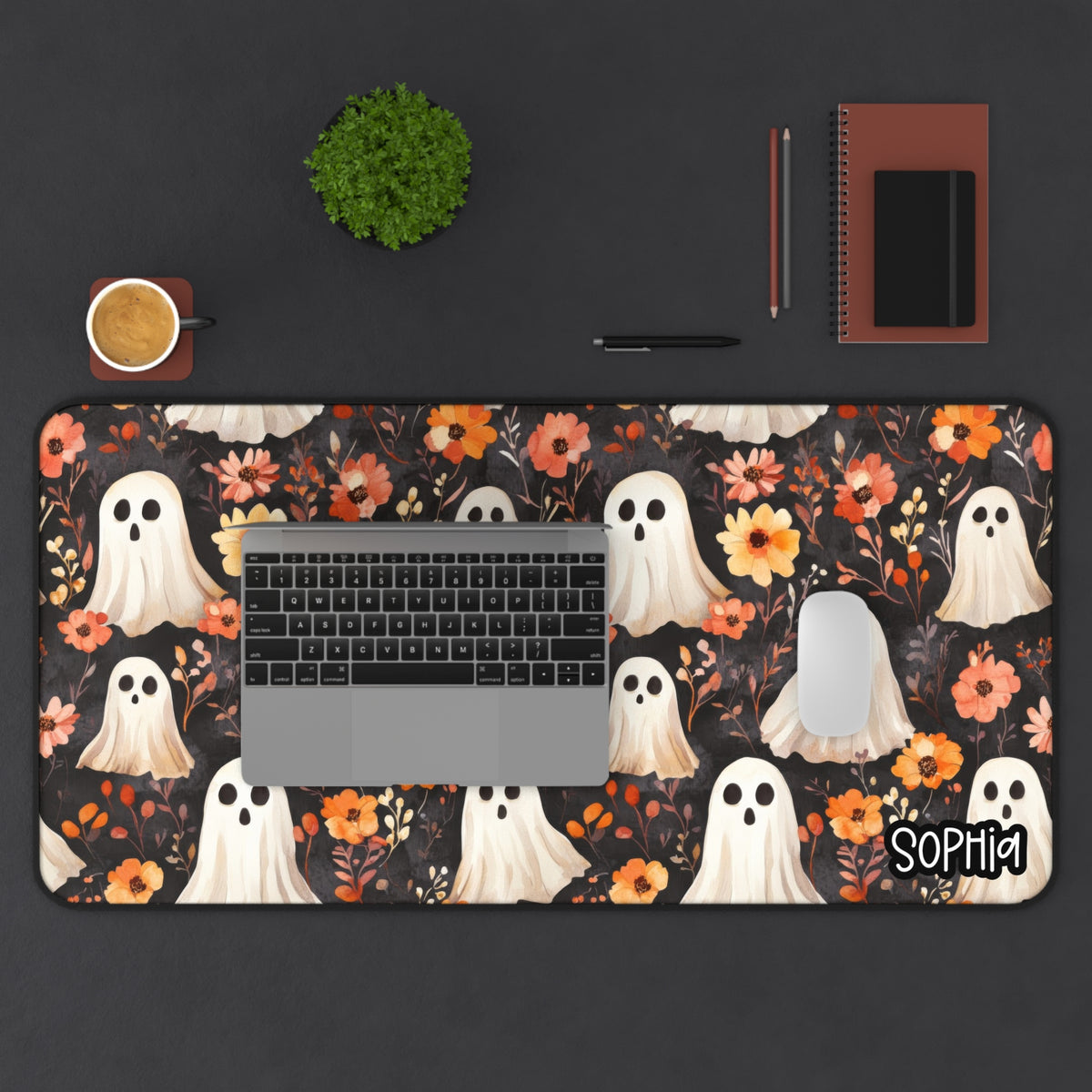 Fall Floral Ghost Desk Mat | Cute Autumn Ghost Personalized Desk Pad | Cozy Spooky Desk Decor