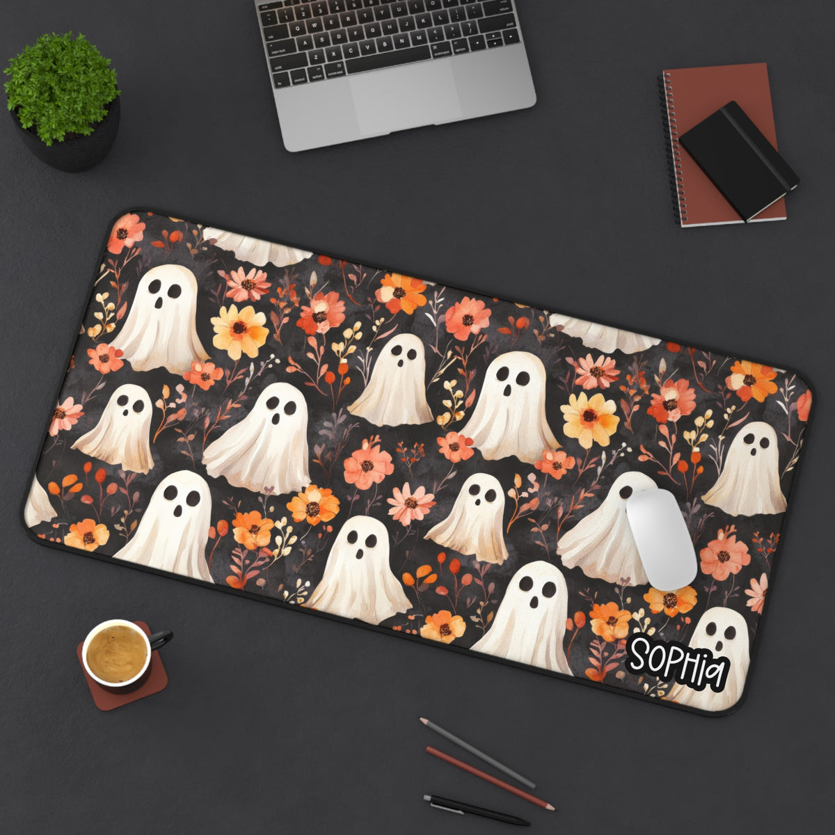 Fall Floral Ghost Desk Mat | Cute Autumn Ghost Personalized Desk Pad | Cozy Spooky Desk Decor