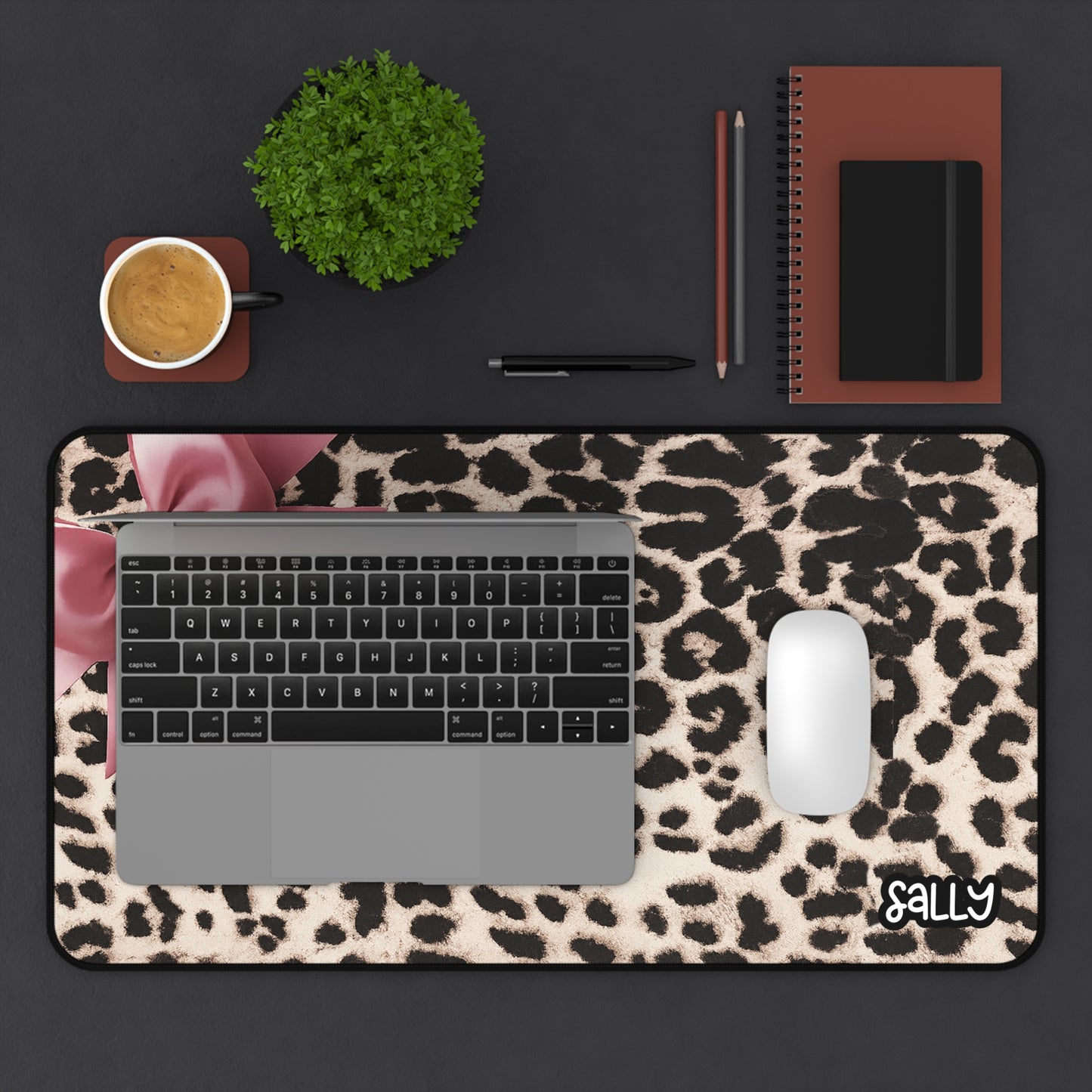 Leopard Print Desk Mat with Pink Bow — Personalized Animal Print Desk Mat