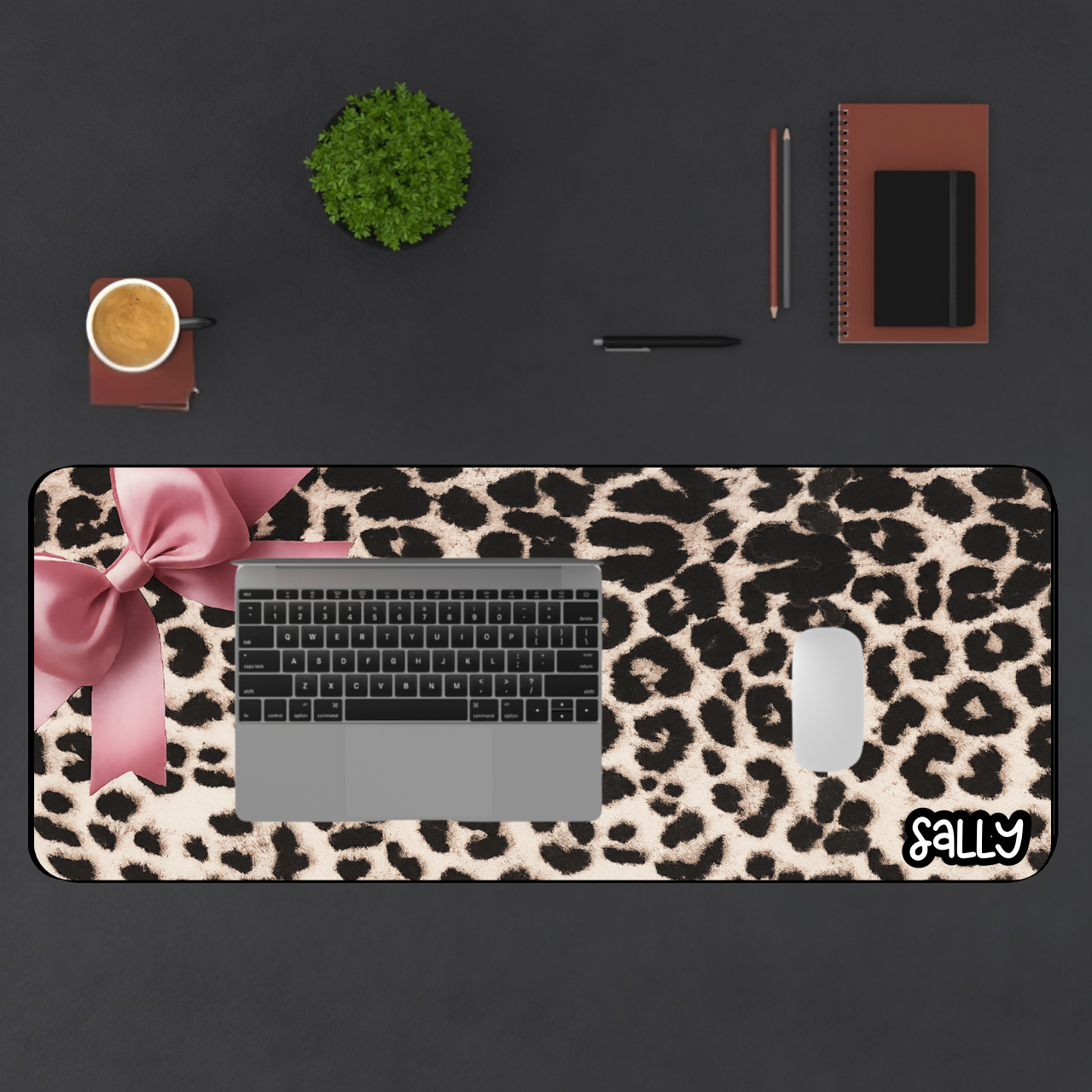 Leopard Print Desk Mat with Pink Bow — Personalized Animal Print Desk Mat