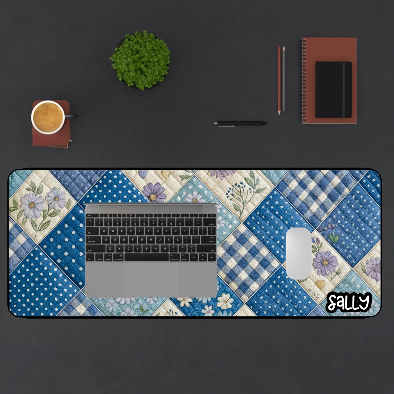 3D Quilt Patchwork Floral Desk Mat — Blue Floral Quilted Mouse Pad