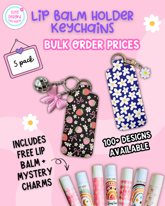 5-Pack Cute Keychain Lip Balm Holders | Includes Free Lip Balms & Mystery Charms | Free Shipping