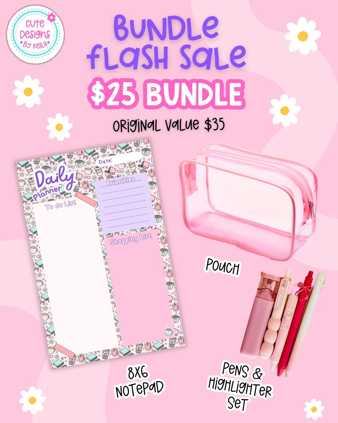 Cute Daily Planner Kit – Aesthetic Notepad, Pens, Highlighter & Clear Pouch | Cute Stationery Gift Set for Work or School