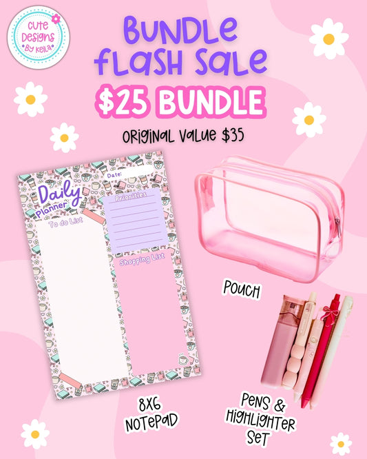 Cute Daily Planner Kit – Aesthetic Notepad, Pens, Highlighter & Clear Pouch | Cute Stationery Gift Set for Work or School