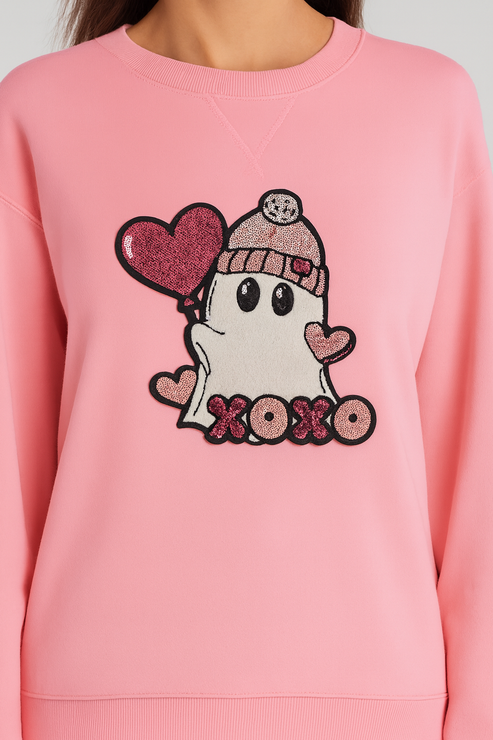 Cute Puffy  Patch Ghosty Pink Sweatshirt Relax Fit
