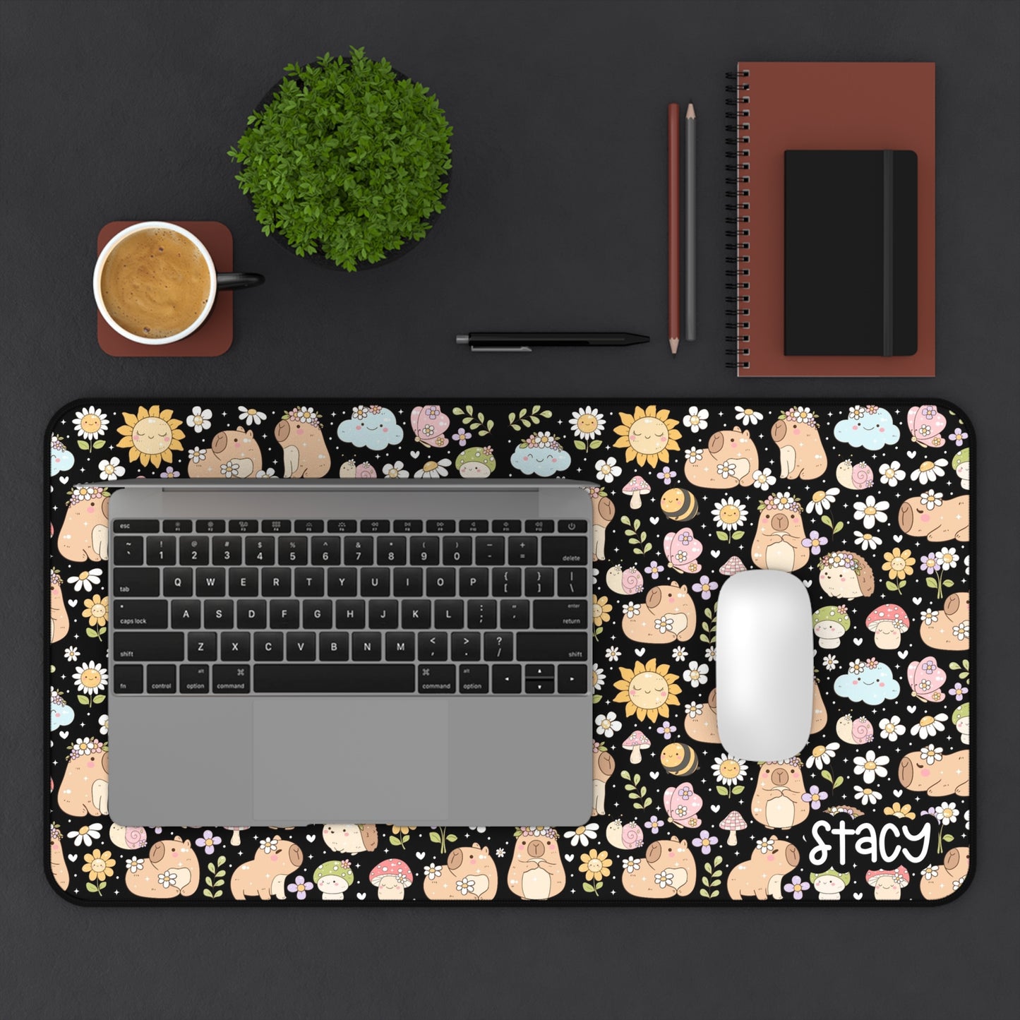 Cute Capybara Desk Mat with Floral Design (black)- Cute Personalized Desk Mat | Includes Free Tote Bag & Sticker (waterproof)