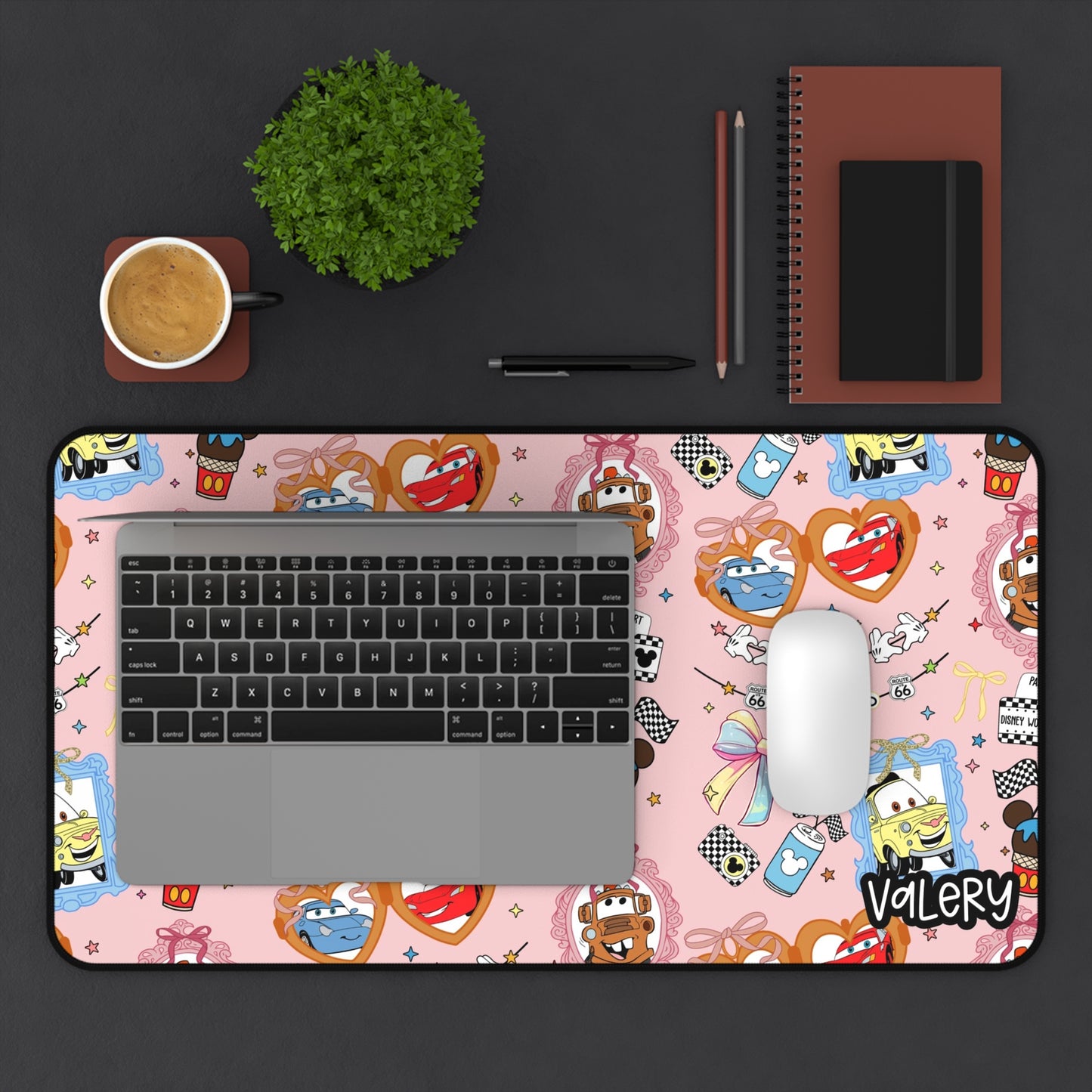 Coquette Cars Pink Pattern Desk Mat | Cute Cars Mousepad | Cute Lightning & Friends Desk Mat