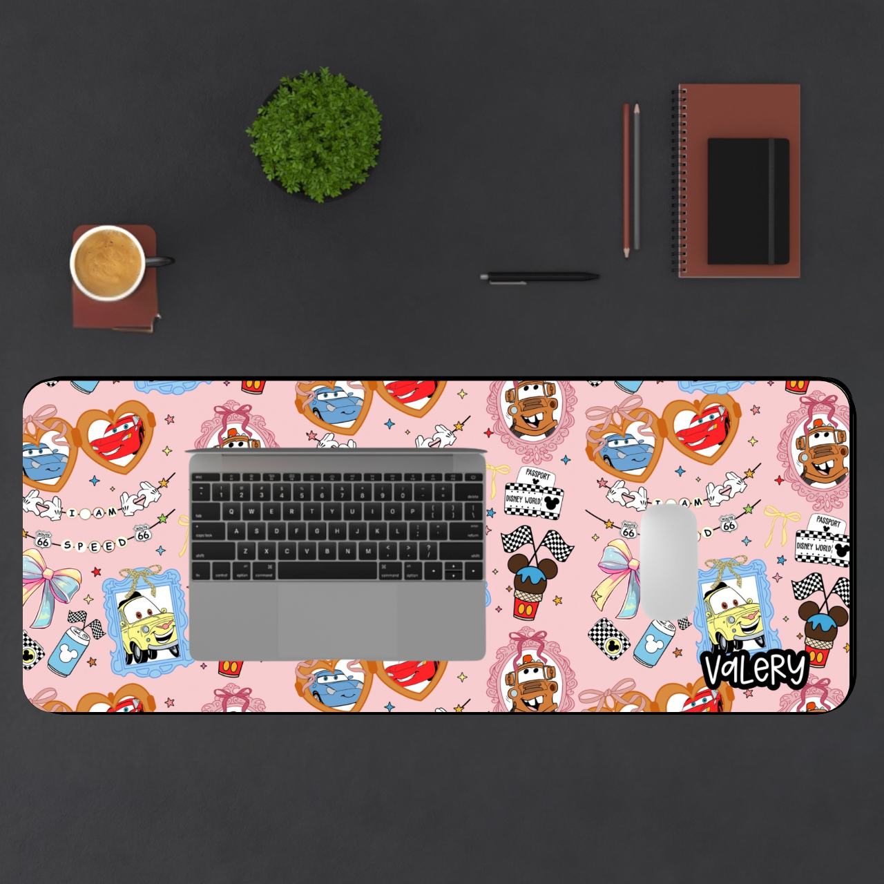 Coquette Cars Pink Pattern Desk Mat | Cute Cars Mousepad | Cute Lightning & Friends Desk Mat