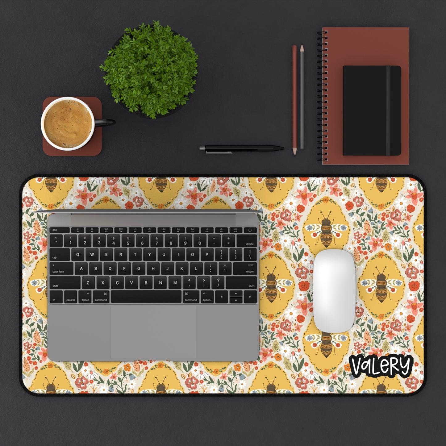 Floral Bee Pattern Desk Mat | Cute Bees Mouse Pad | Cottagecore Bees Desk Mat