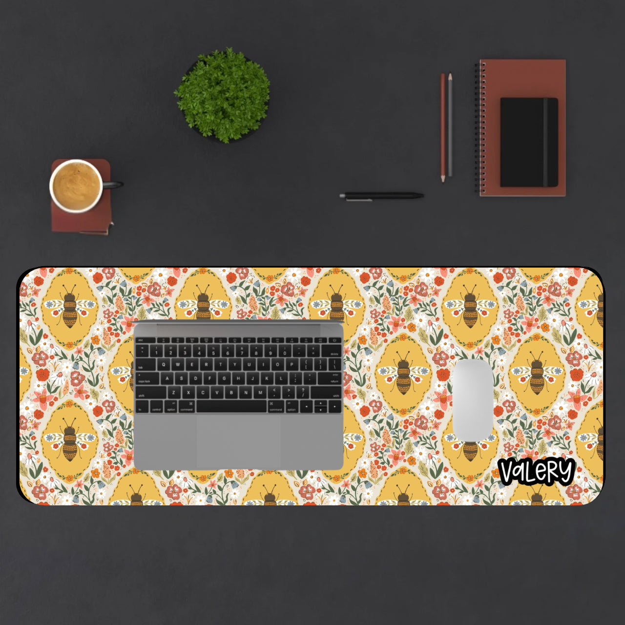 Floral Bee Pattern Desk Mat | Cute Bees Mouse Pad | Cottagecore Bees Desk Mat