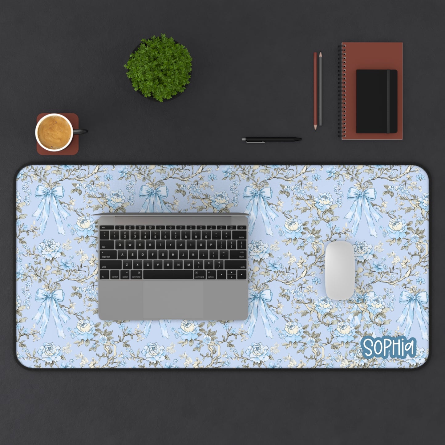 Floral Blue Bow Desk Mat | Blue Pastel Desk Mat | Personalized Vintage Chic Mouse Pad