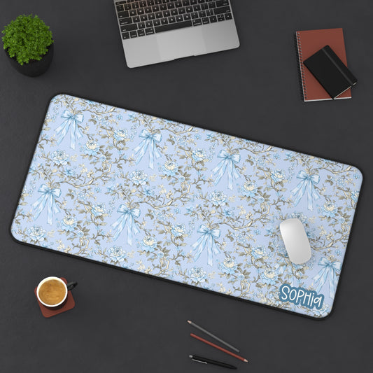 Floral Blue Bow Desk Mat | Blue Pastel Desk Mat | Personalized Vintage Chic Mouse Pad