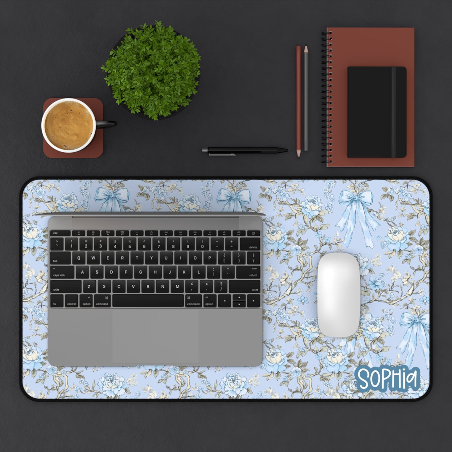Floral Blue Bow Desk Mat | Blue Pastel Desk Mat | Personalized Vintage Chic Mouse Pad