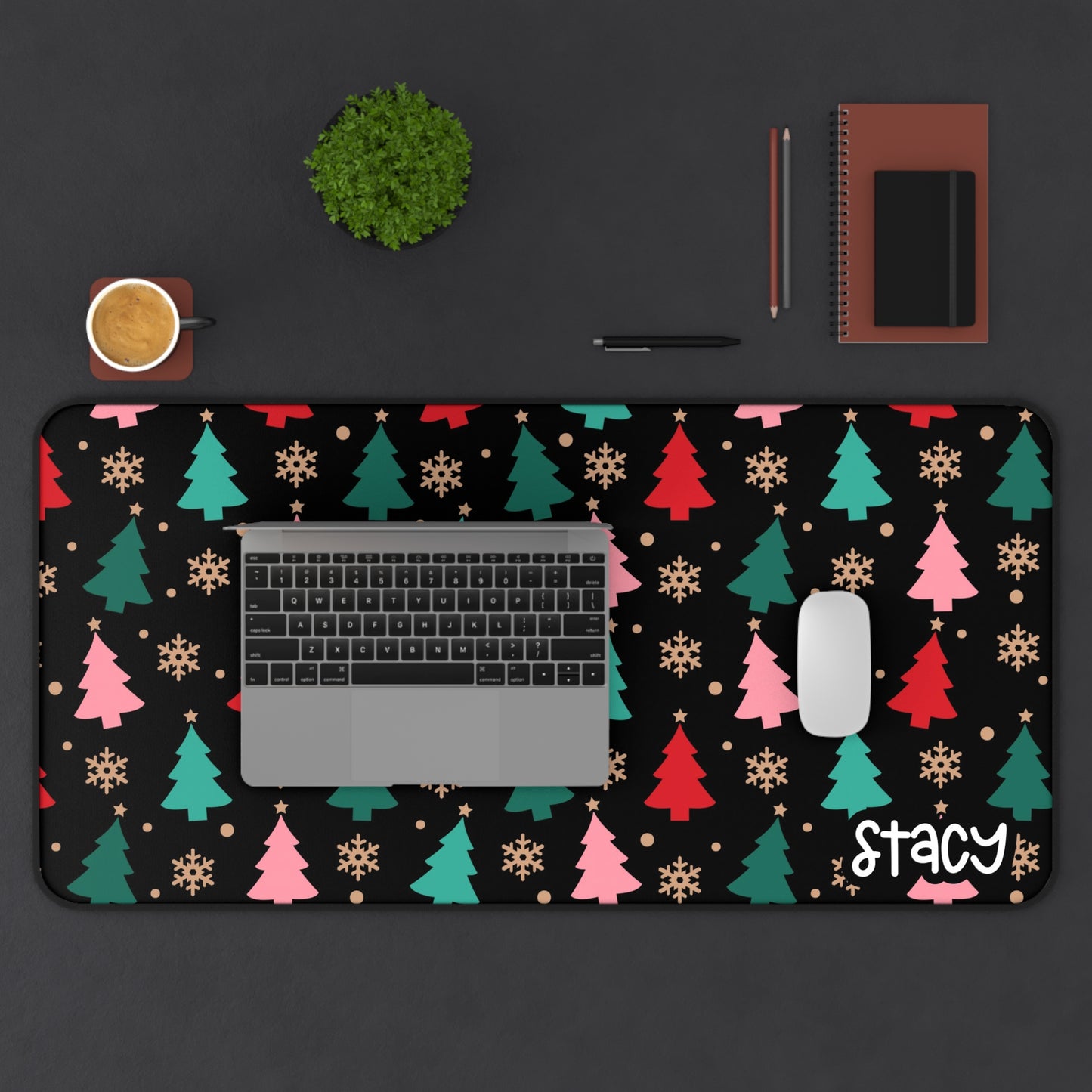 Colorful Christmas Tree Desk Mat (black)- Festive Holiday Office Decor