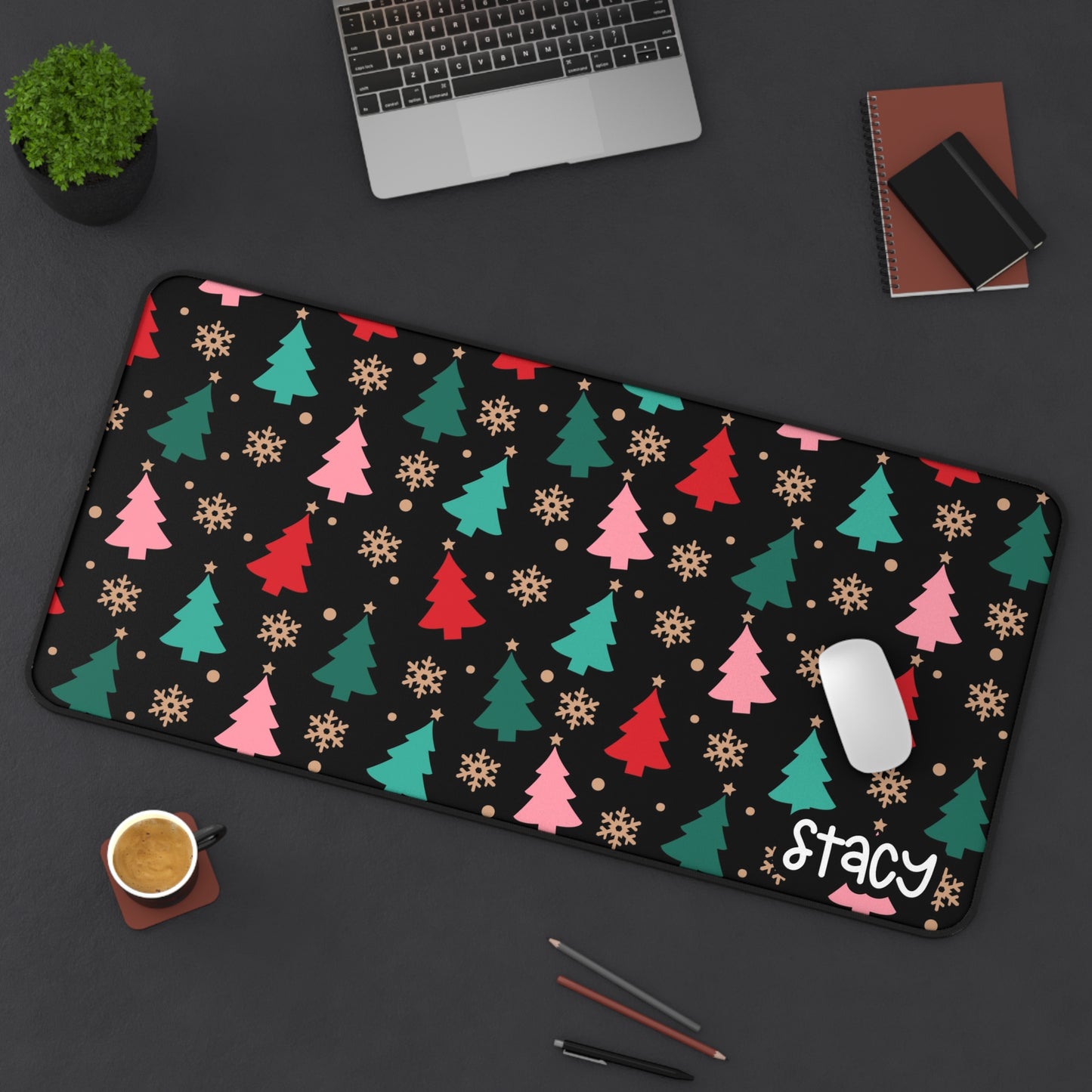 Colorful Christmas Tree Desk Mat (black)- Festive Holiday Office Decor