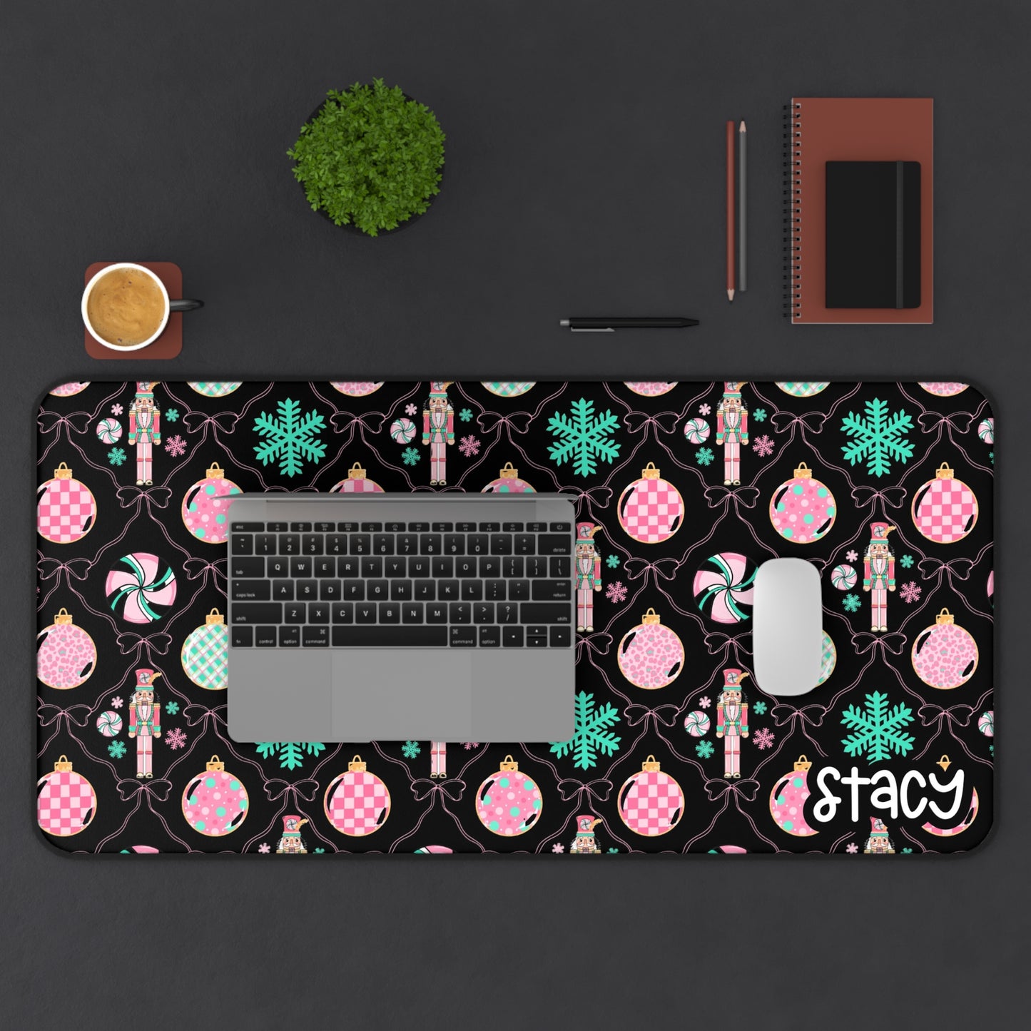 Coquette Nutcracker Holiday Desk Mat with Ornaments and Snowflakes (black)
