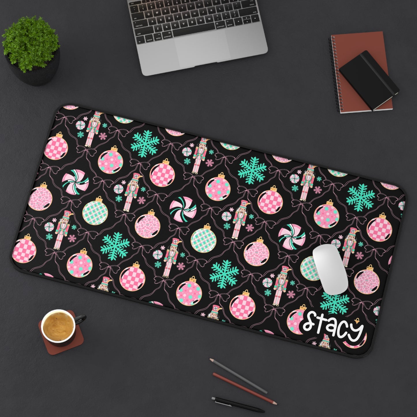 Coquette Nutcracker Holiday Desk Mat with Ornaments and Snowflakes (black)