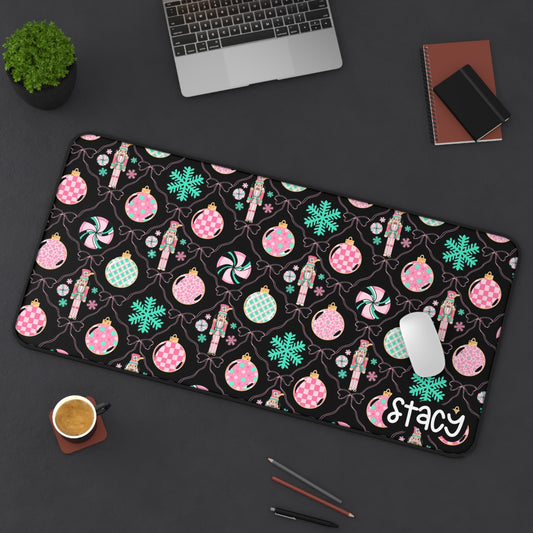 Coquette Nutcracker Holiday Desk Mat with Ornaments and Snowflakes (black)