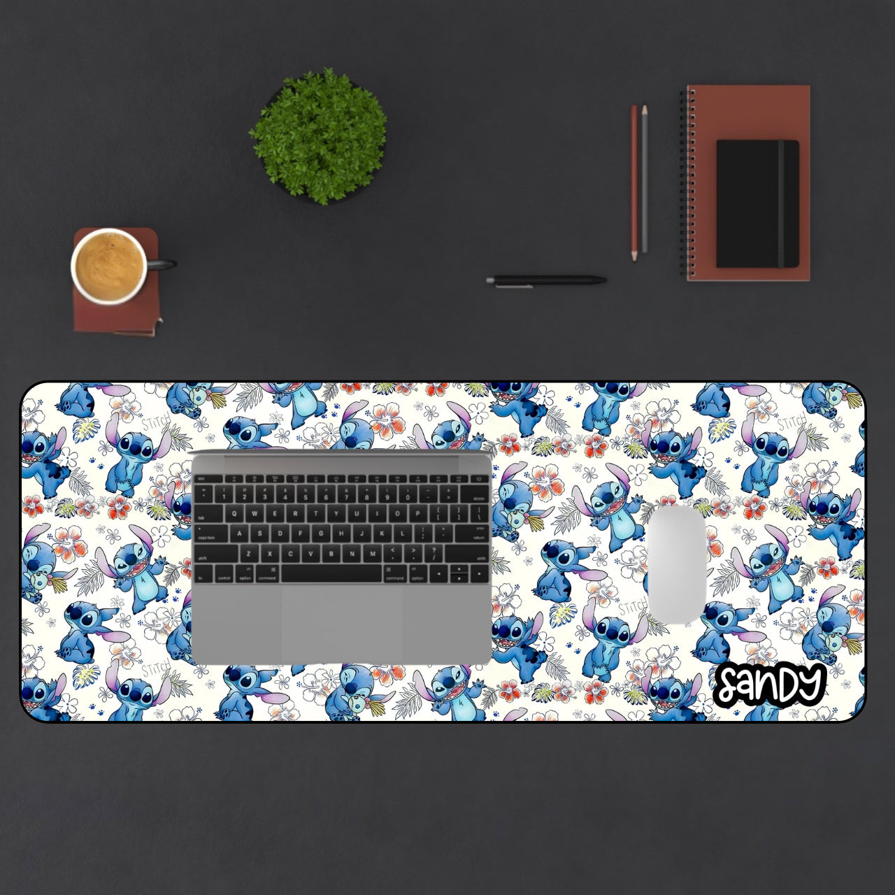 Kawaii Blue Alien Pattern Desk Mat — Cute Blue Cartoon Character Mouse Desk Pad