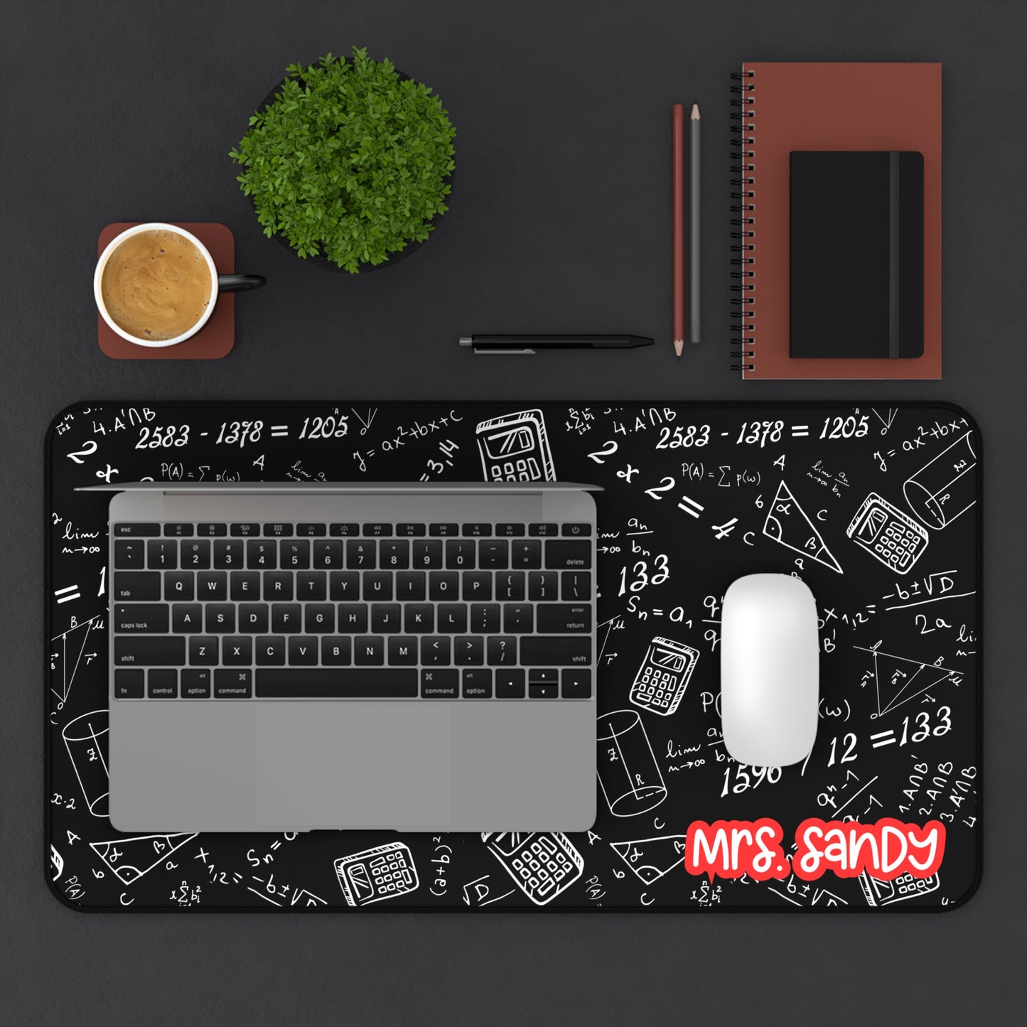 Math Teacher Desk Mat — Black Chalkboard Equations Design Desk Mat
