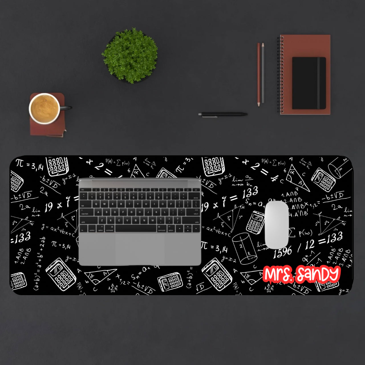 Math Teacher Desk Mat — Black Chalkboard Equations Design Desk Mat