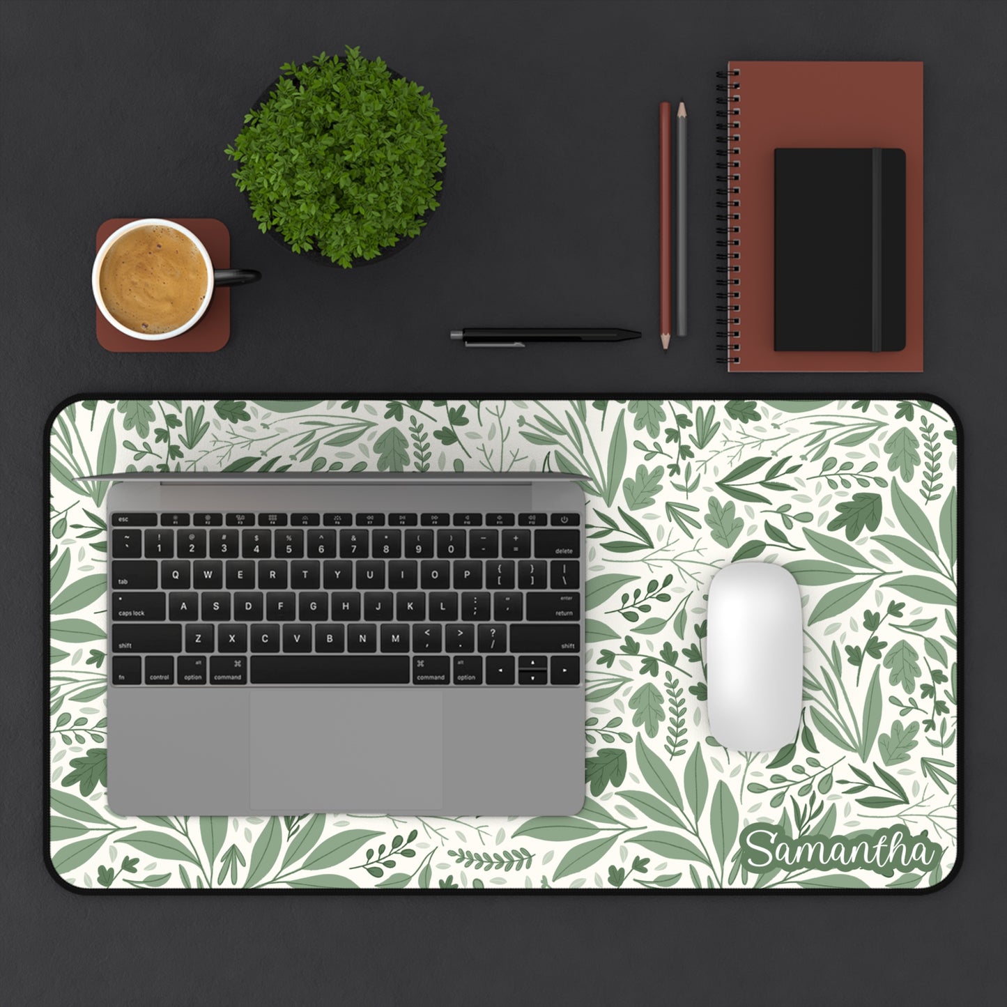 Green Botanical Desk Mat — Leaf Pattern Mouse Pad
